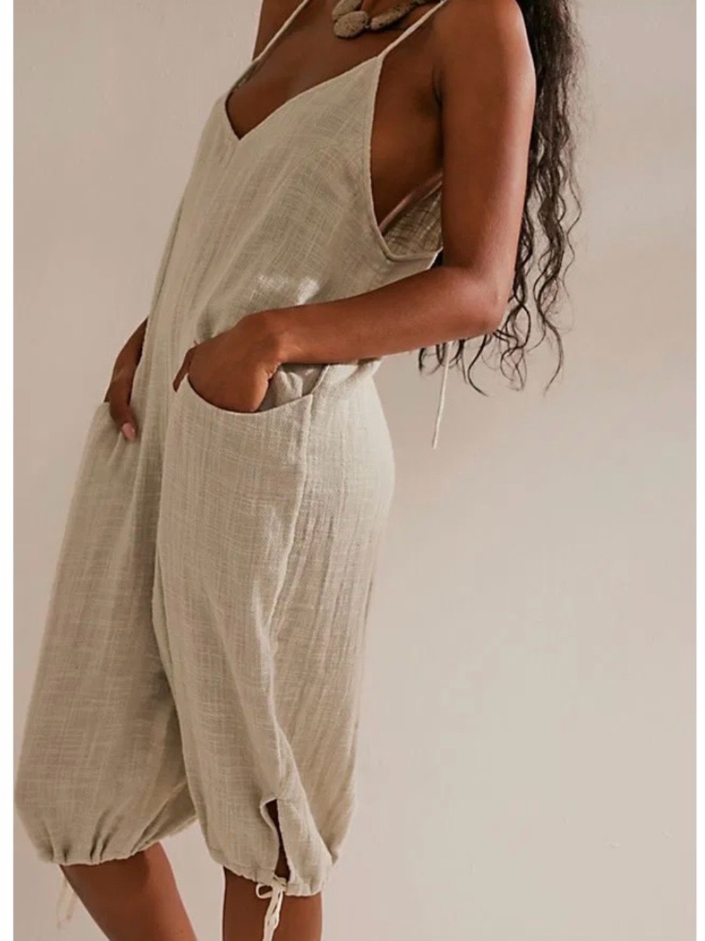 Free People Cream Linen-Texture Drawstring Hem Jumpsuit - Picture 3 of 16